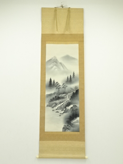 掛軸 秀峰『水墨山水図』日本画 絹本 肉筆 共箱付 良好品 掛け軸 k03031 道具 ] - 道具 秀峰筆 彩色山水 肉筆絹本掛軸（保護箱） | ネット
